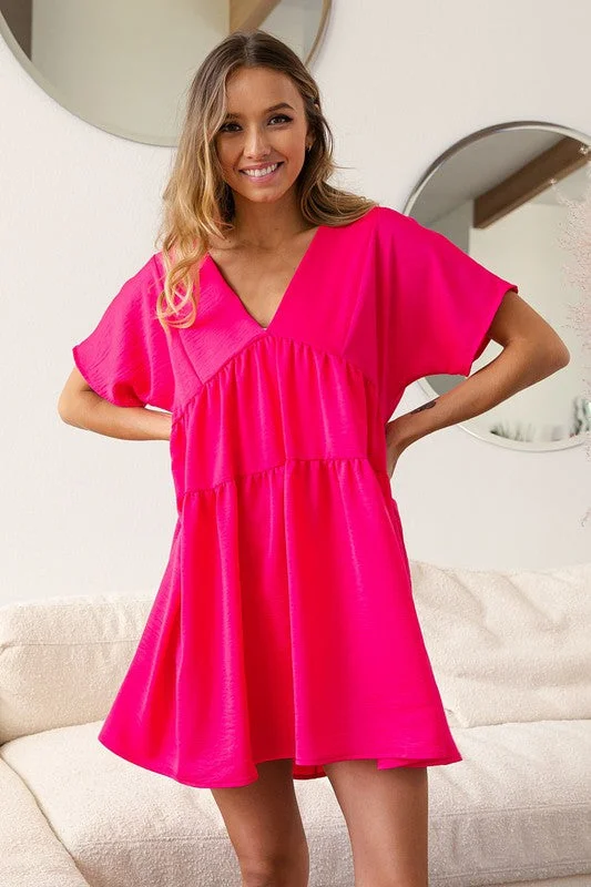 Take Advantage Satin Crepe Tiered V-Neck Mini Dress by BiBi Clothing