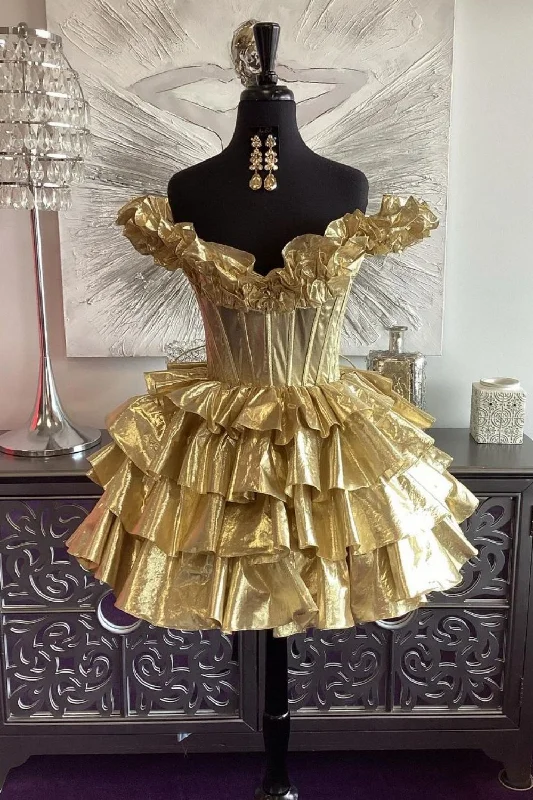 Inventory Reduction Gold A-Line Off The Shoulder Lace Up Short Tiered Metallic Homecoming Dress
