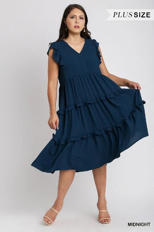 The Best Prices Ruffle Tiered Midi Dress with Flutter Sleeves in Plus Size by Umgee Clothing