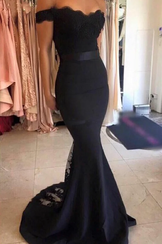 Exclusive Savings Mermaid Long Prom Dresses Black Off the Shoulder with Sash Prom Gowns N1527