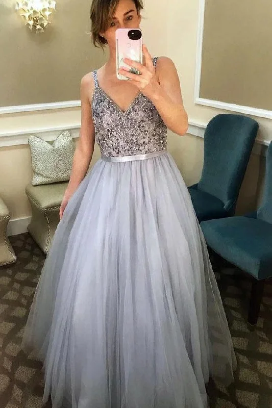 Shop and Save Straps V-Neck Tulle Dresses for Prom Dresses Beading Long Formal Dresses N2036