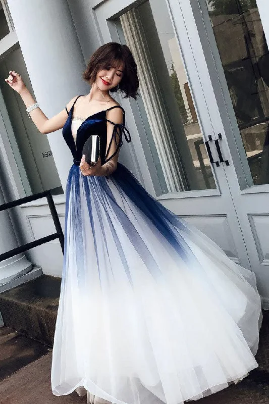 Closeout Sale Blue Ombre Long Tulle Prom Dresses Unique V Neck Sleeveless Party Dresses Dance Dresses N1599