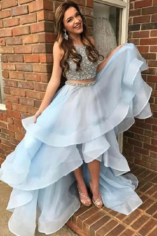 Bargain Blast Light Blue Two Piece Beading High Low Prom Dresses Sparkly Sleeveless Evening Dresses N1706