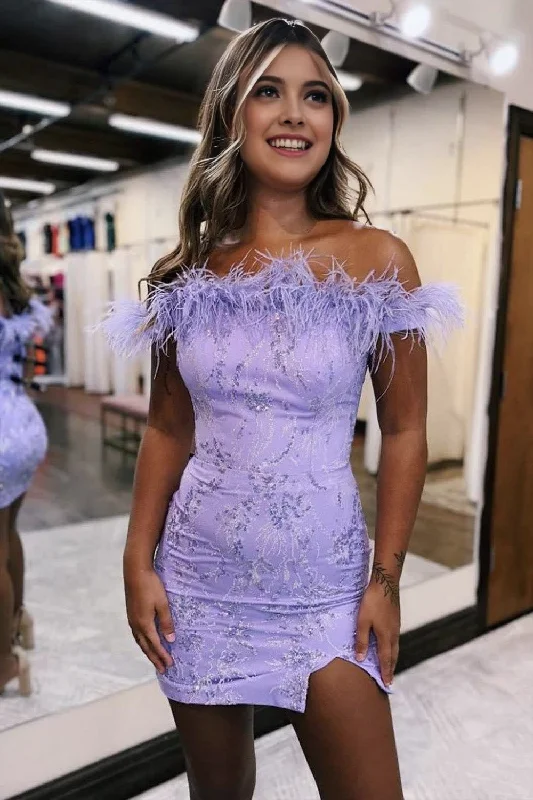 Buy More, Save More Bodycon Charming Lilac Off The Shoulder Homecoming Dress With Feather