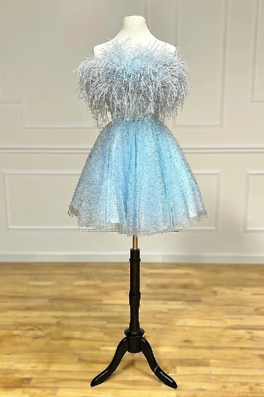 Flash Sale Strapless Feather A-line Cute Homecoming Dress
