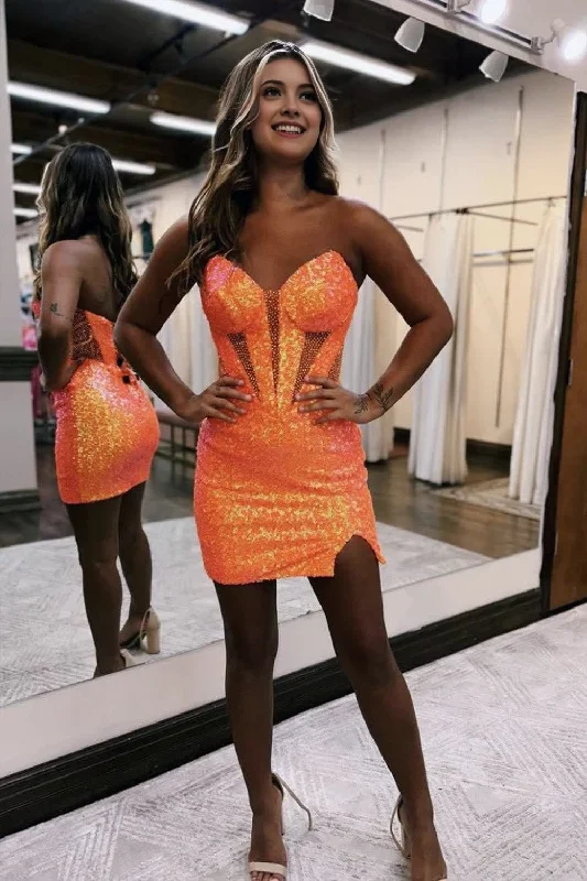 Clearance Event Sparkly Strapless Bodycon Sequin Short Homecoming Dress with Slit