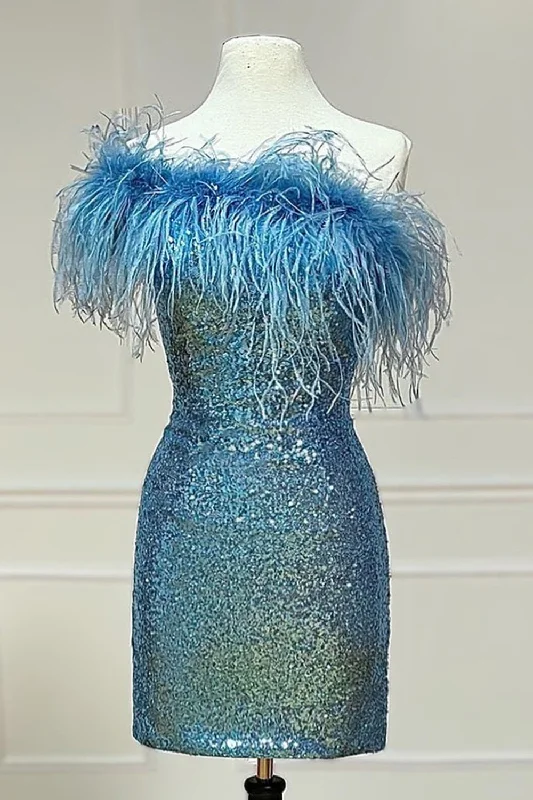 Overstock Light Blue Sparkly Tight Sequins Homecoming Dress with Feathers