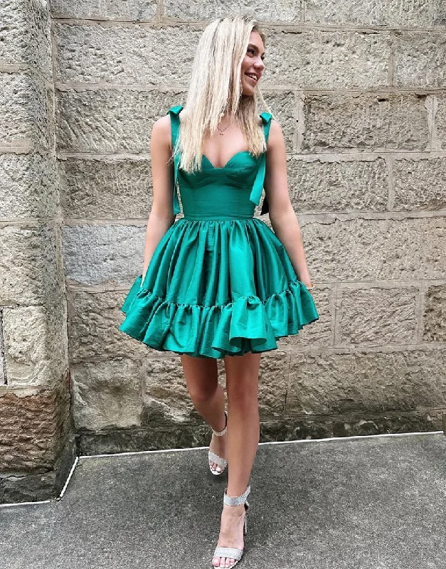Limited Time Green A-Line Tie Straps Short Satin Homecoming Dress