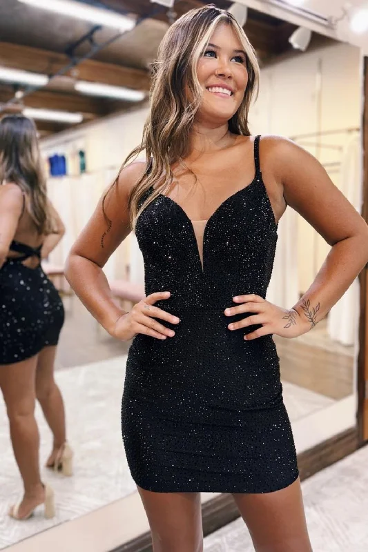 Value Deals Sparkly Black Spaghetti Straps Bodycon Short Beaded Homecoming Dress