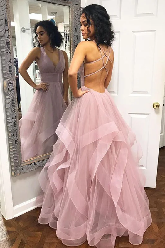 Stock Up and Save Pink Deep V-Neck Ruffled Criss Cross Back Long Prom Dresses