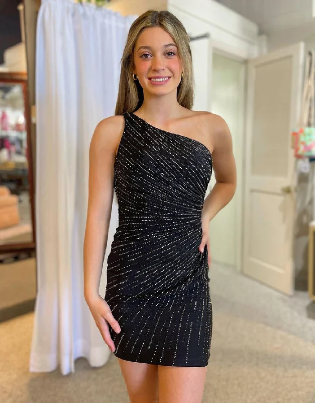 Deal of the Week Black Sparkly One Shoulder Tight Homecoming Dress