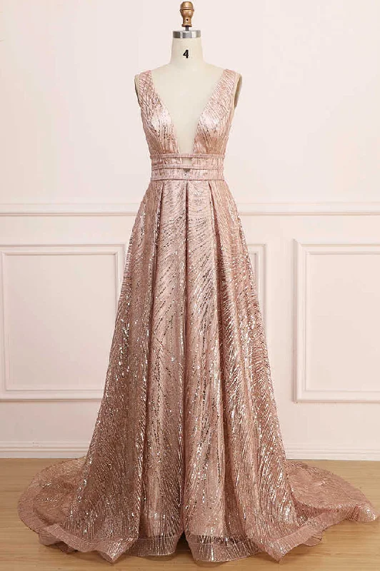 Super Deal A-Line Deep V-Neck Long Prom Dress with Sequins N2271