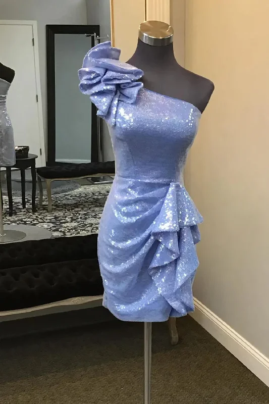 Clearance Items Sparkly Blue One Shoulder Sequins Bodycon Short Homecoming Dress with Ruffles