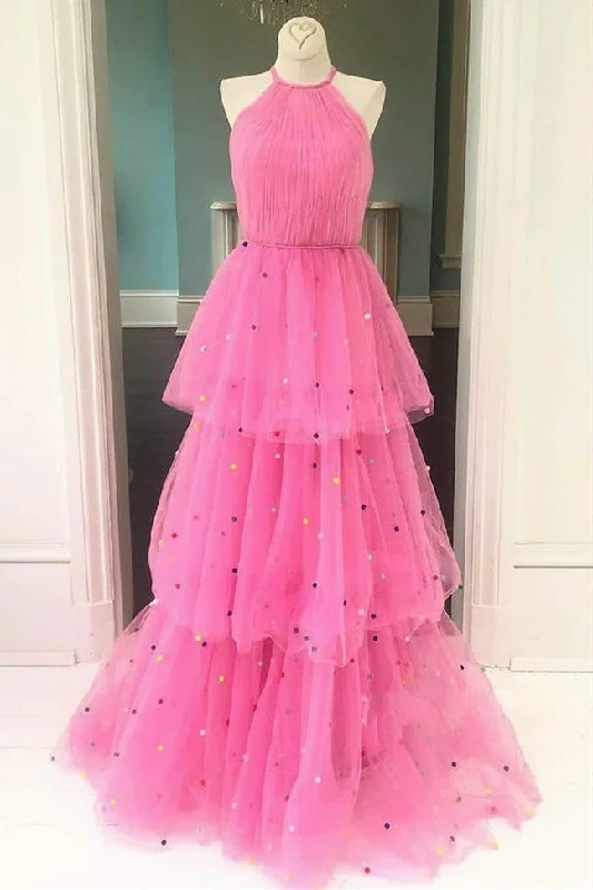 Deal Frenzy Hot Pink A-Line Tulle Prom Dress with Colorful Dots