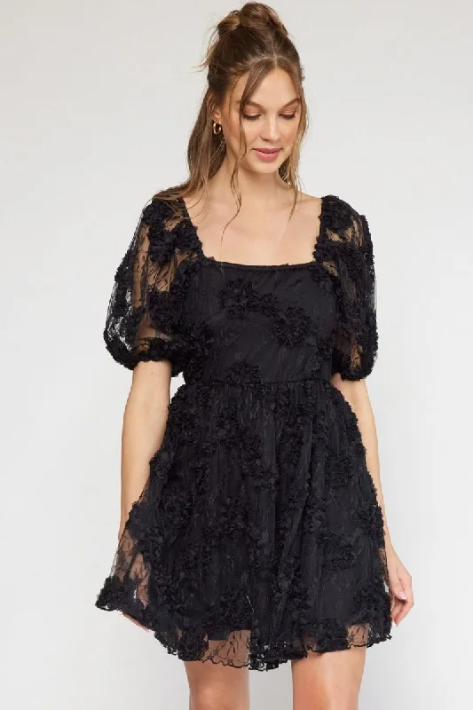 Reduced Prices Floral Applique Square Neck Puff Sleeve Black Mini Dress by Entro Clothing