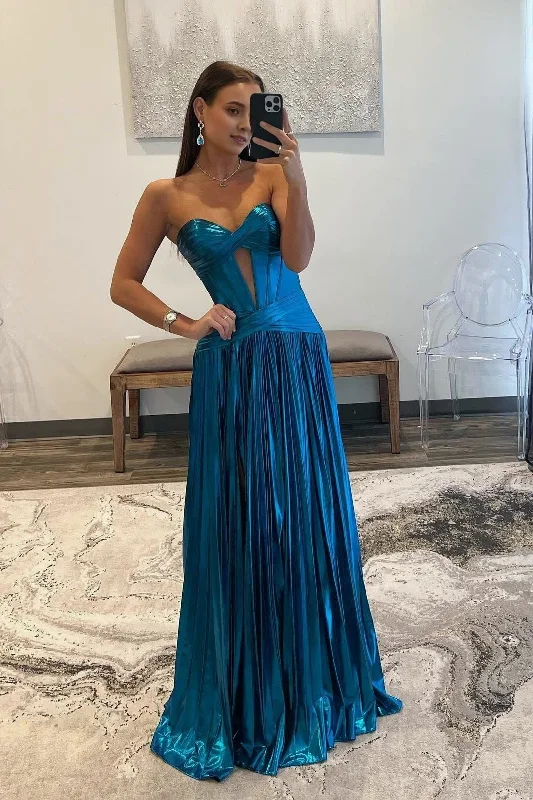 Early Access Turquoise Sweetheart Metallic Pleated Long Formal Dress With Slit