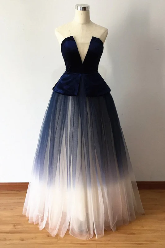 Best Seller Ombre Blue Tulle Long Prom Dresses New Style Strapless Long Evening Dresses N1661