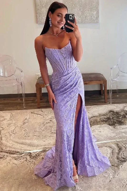 Weekend Special Lavender Strapless Lace Ruched Mermaid Prom Dress with Slit
