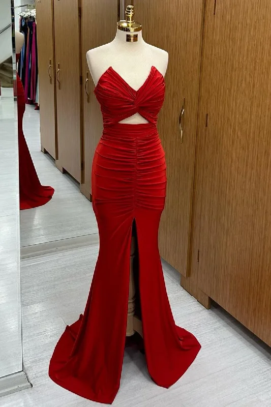 Value Deals Red Strapless Twisted Knot Mermaid Long Formal Dress with Slit