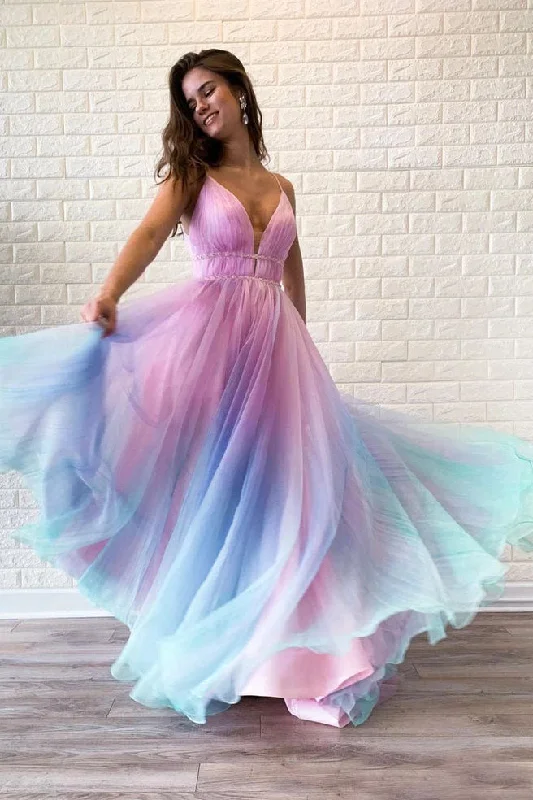 Price Rollback Flowy A Line Spaghetti Straps V-Neck Sleeveless Ombre Prom Dresses
