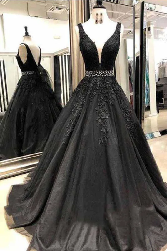 Price Drop A Line Black Appliqued Tulle Prom Dresses with Beaded Waist