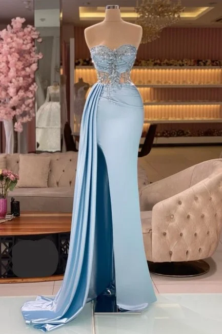 Today’s Deal Column Slit Front Long Sweetheart Strapless Sleeveless Sky Blue Ruffle Stain Evening Dress with Beadings