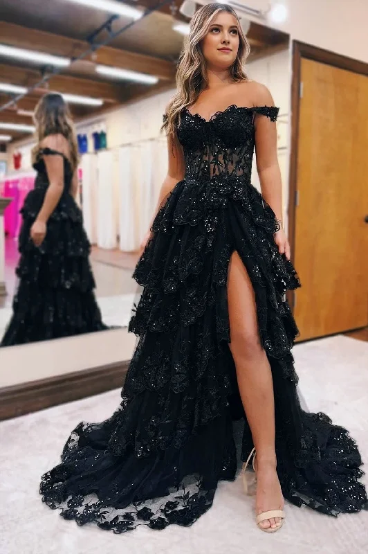 The Best Prices Tulle Appliques Off-the-Shoulder Ruffle Long Prom Dress