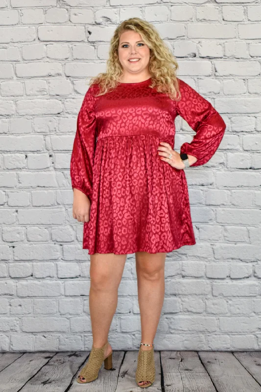 Deep Discounts Satin Animal Print Long Sleeve Babydoll Dress in Plus Size by Umgee Clothing