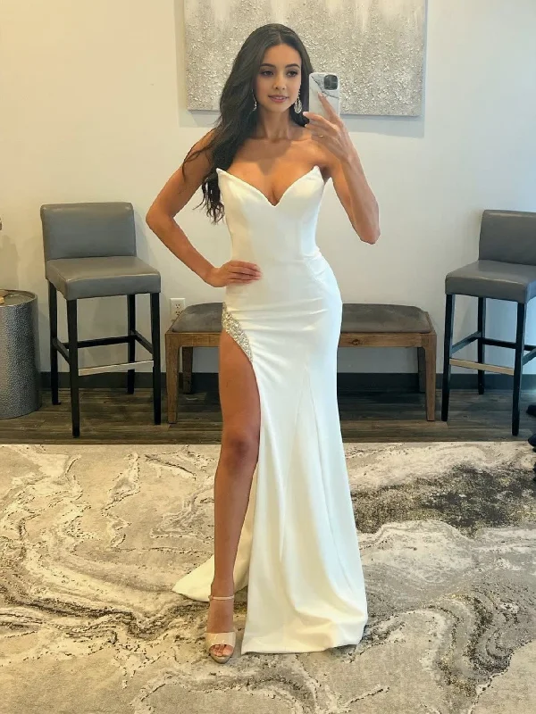 Lowest Price White Strapless V Neck Long Prom Dress With Slit