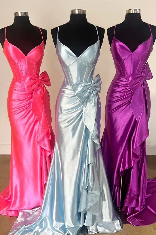 Price Break Straps V-Neck Satin Mermaid Prom Dress with Bow