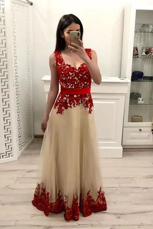 Unbeatable Prices A-Line Tulle Prom Dresses with Red Lace Appliques Floor Length Senior Dance Dresses N1523