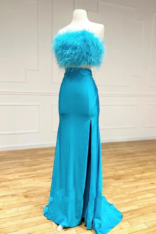Final Clearance Two-Piece Feathers Strapless Satin Long Prom Dress with Slit