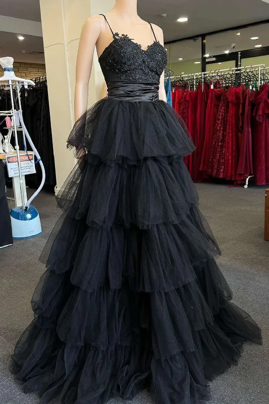 Loyalty Reward Multi-Tiered Black Straps A-Line Long Prom Dress