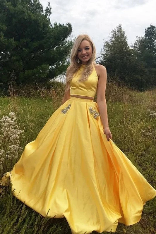 Early Access Yellow Satin Two Pieces Halter Long Prom Dresses with Silver Beading N2043