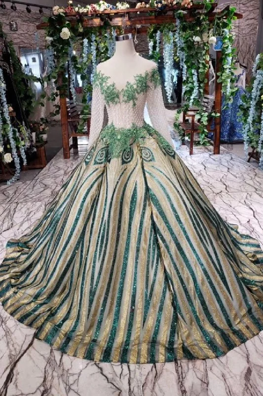 Grand Opening Sale Unique Puffy Long Sleeves Long Graduation Dresses Sheer Neck Quinceanera Dresses N1714