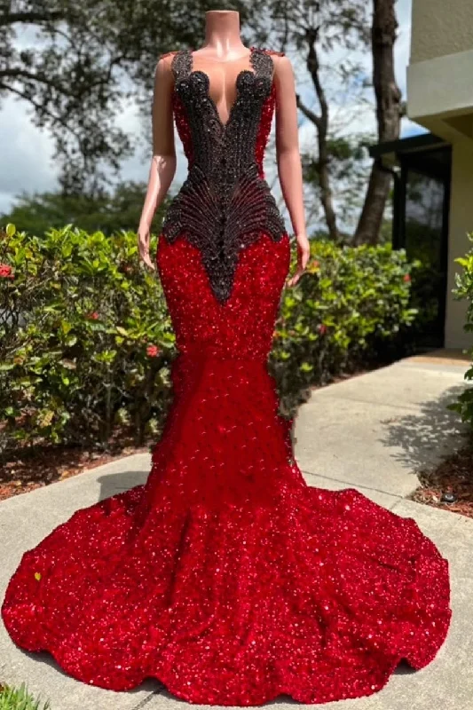 Clearance Event V-neck Burgundy Sequin Prom Dresses with Dark Sequins