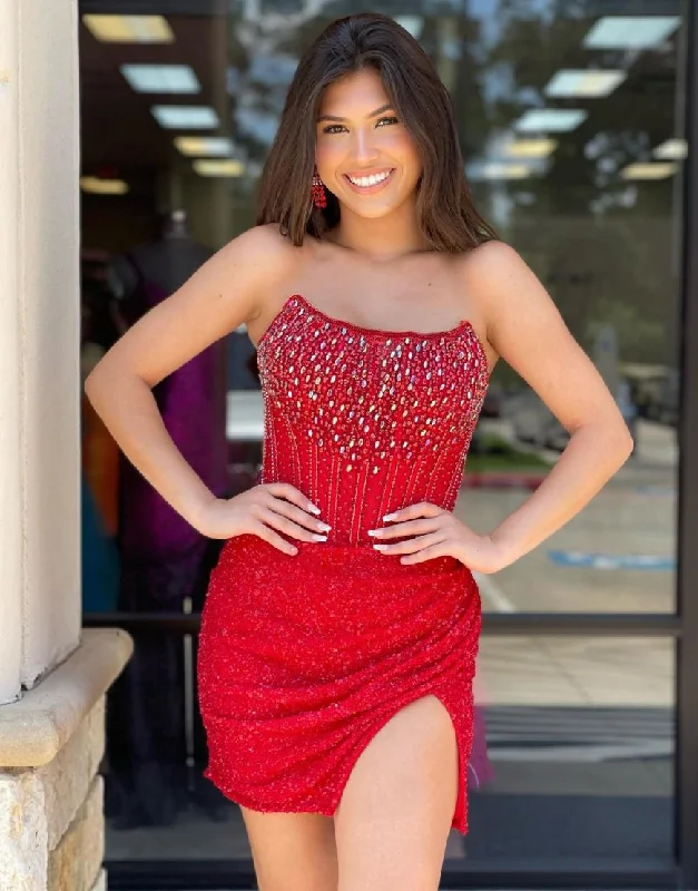 Huge Savings Sparkly Red Strapless Short Homecoming Dress With Split