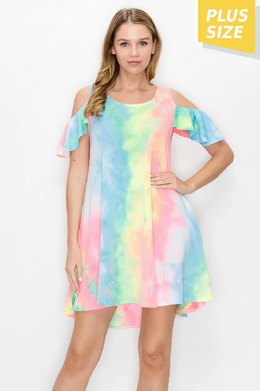 Final Clearance Tie Dye Cold Shoulder Knit Shift Dress in Plus