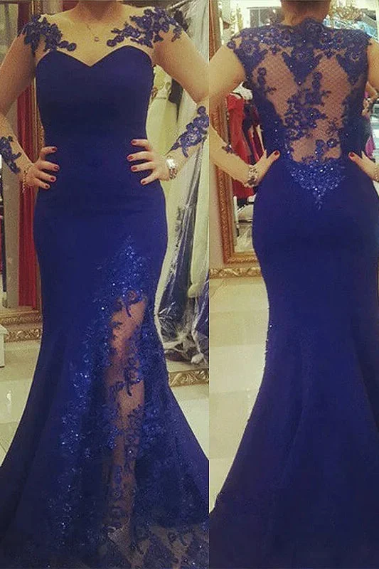 Online Exclusive Royal Blue Plus Size Mermaid Prom Dresses with Sheer Sleeves Plus Size Dresses with Lace N2218
