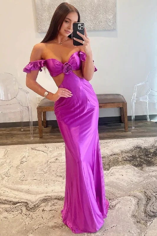 Savings Bonanza Violet Flutter Sleeve Cutout Mermaid Prom Dress Fitted Gown