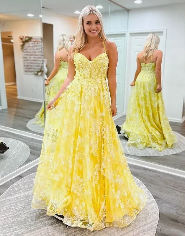 Super Bargain Cute Yellow A-Line Spaghetti Straps Long Prom Dress With Appliques