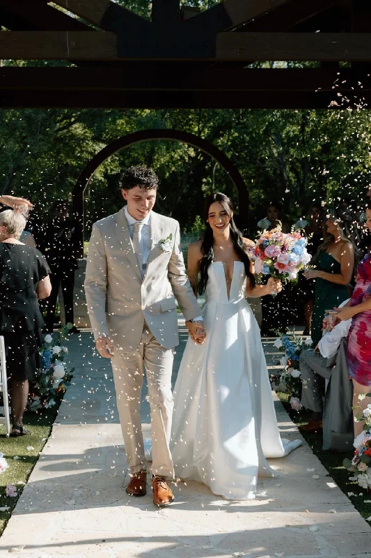 Deal Alert Charming A Line Deep V Neck White Satin Long Bridal Dress with Slit