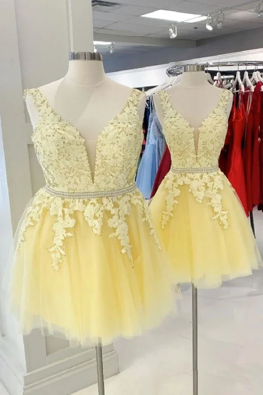 New Deals A-Line Deep V Neck Homecoming Dress With Appliques