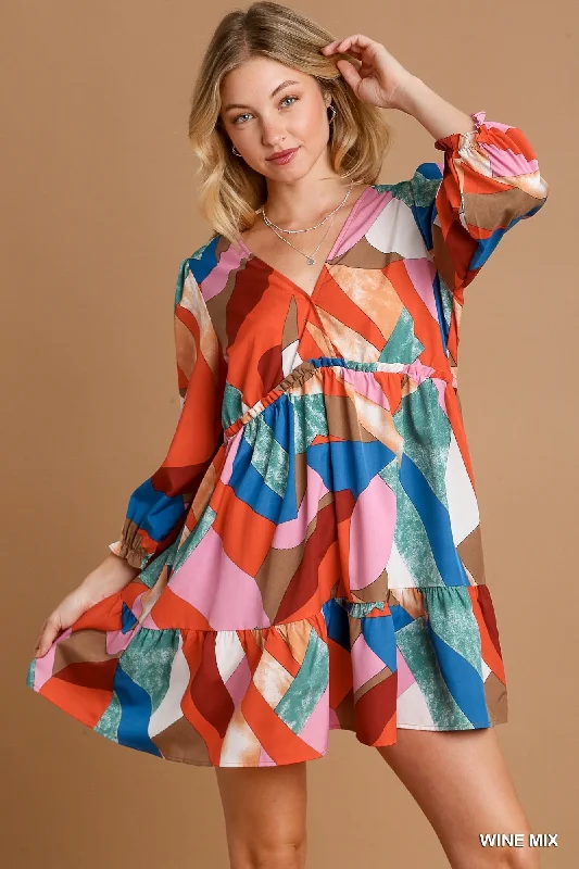 Savings Galore Abstract V-Neck Tiered Printed Dress by Umgee Clothing