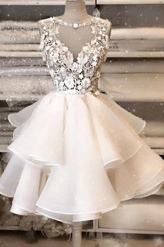 Online Only Elegant A-line Illusion Neckline Ruffle Homecoming Dress With Applique