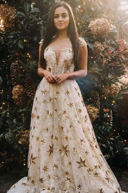 Quick Sale A Line Cap Sleeve Sheer Neck Prom Dress With Gold Stars