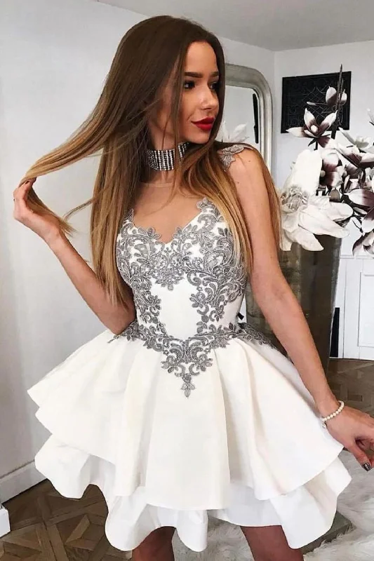Online Only White Short Mini Homecoming Dress With Silver Applique