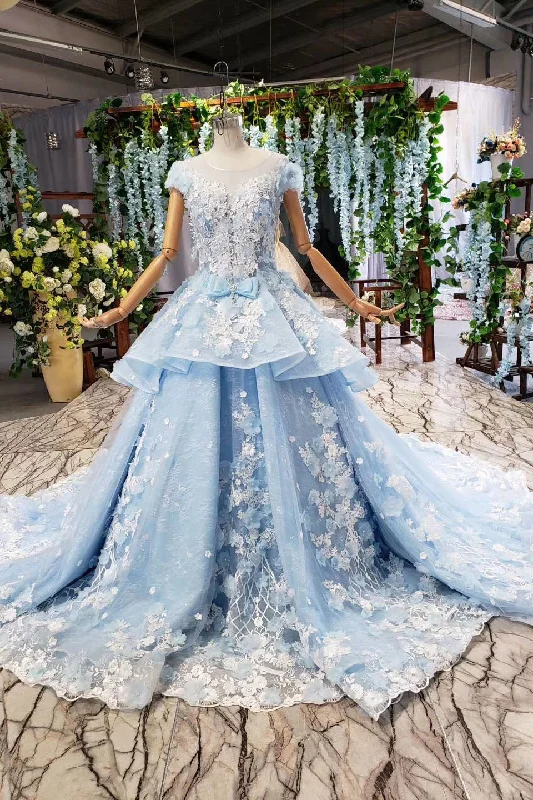 Massive Deals Light Sky Blue Gorgeous Prom Dresses with Flowers Ball Gown Quinceanera Dresses with Beads N2197