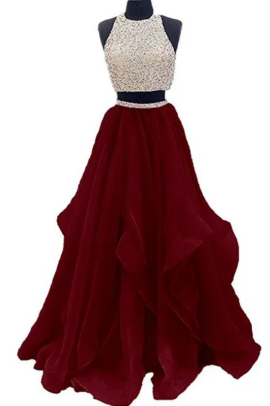 Price Drop Burgundy Two Piece Floor Length Prom Dresses Beaded Open Back Sequin Party Dresses N1491