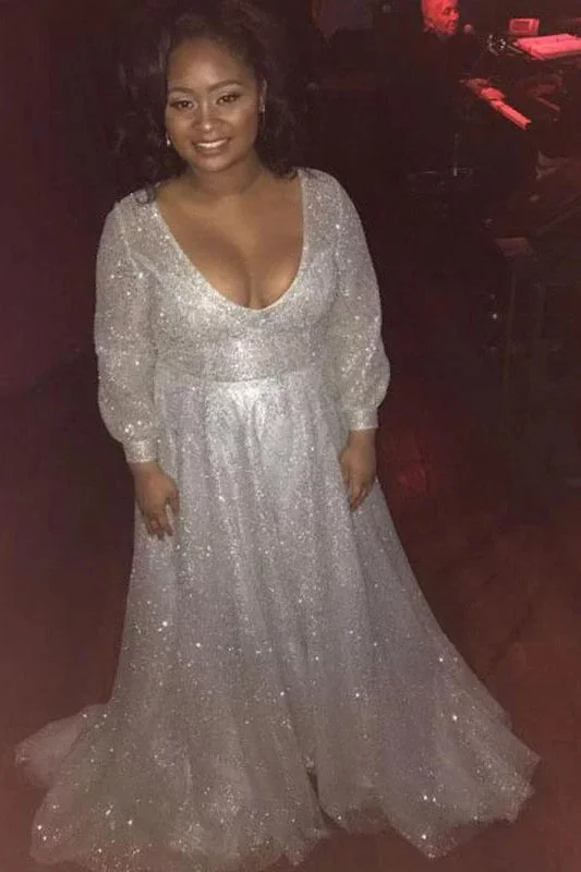 Mega Sale A Line V-Neck Long Sleeves Sequins Plus Size Prom Dresses N2222